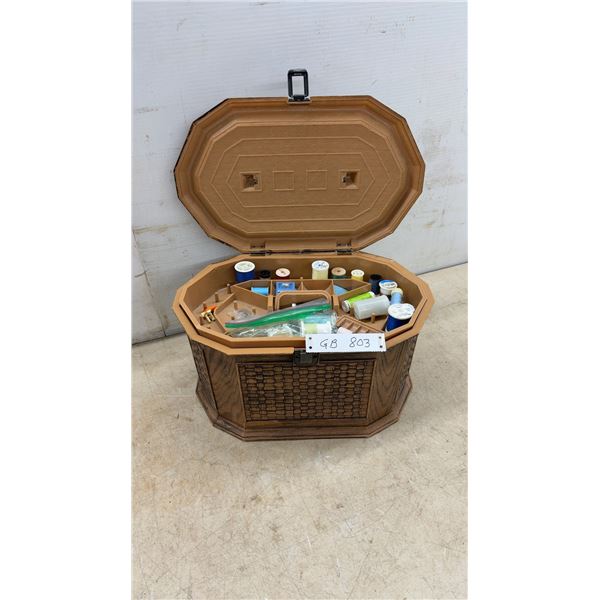 Octagonal Faux Wood Wicker Plastic Look Sewing Box Filled with Notions, Thread, Needles, Bobbins