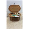 Image 1 : Octagonal Faux Wood Wicker Plastic Look Sewing Box Filled with Notions, Thread, Needles, Bobbins