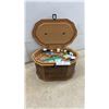 Image 2 : Octagonal Faux Wood Wicker Plastic Look Sewing Box Filled with Notions, Thread, Needles, Bobbins