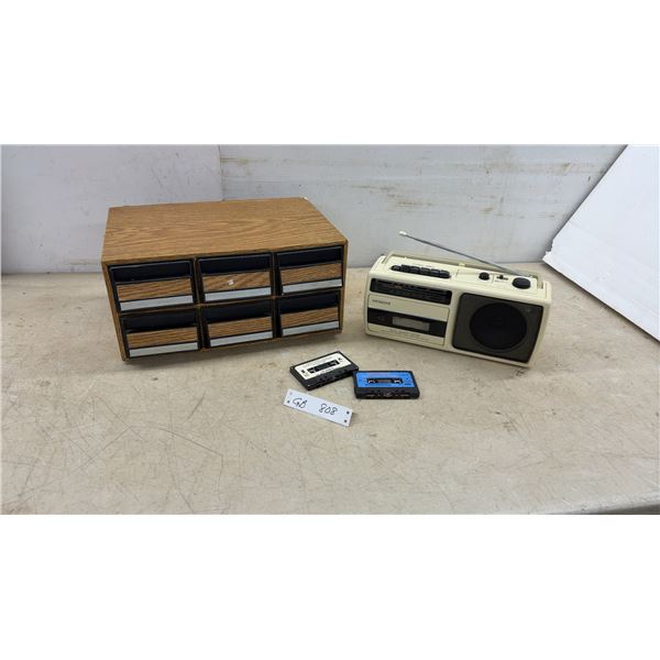 Hitachi TRK-60HC Portable AM/FM Radio Cassette Recorder, Cassette Storage Box and Tapes