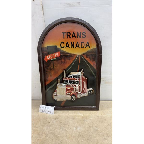 Trans Canada Motel Arched Wooden Wall Plaque with 3D Red Semi-Truck, 24 × 16”