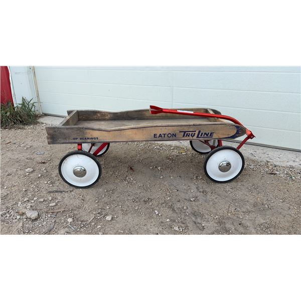 Vintage Eaton Tru Line Wooden Pull Wagon with Nylon Bearings and Red Metal Handle