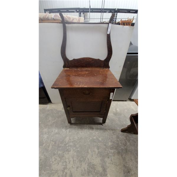 Antique Oak Washstand With Single Drawer, Cabinet Door, and Scrolled High Back Splash