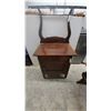 Image 1 : Antique Oak Washstand With Single Drawer, Cabinet Door, and Scrolled High Back Splash