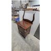 Image 6 : Antique Oak Washstand With Single Drawer, Cabinet Door, and Scrolled High Back Splash