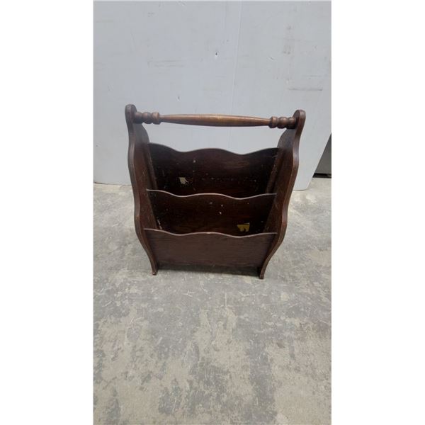Vintage Wood Two-Compartment Magazine Rack with Turned Handle and Scrolled Sides
