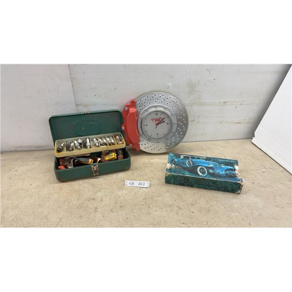 TRD Toyota Racing Development Brake Rotor Wall Clock, Tackle Box with Spark Plugs, and Car