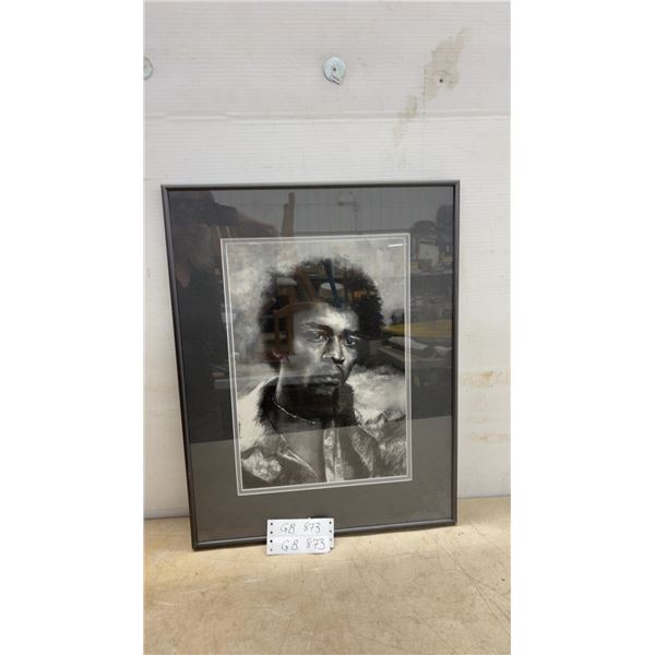 Framed Black and White Portrait Print of Jimi Hendrix, 22 × 17”