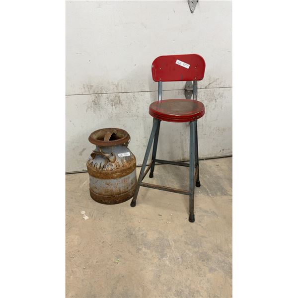 Vintage Industrial Red Metal Shop Stool with Backrest and Rustic Metal Milk Can