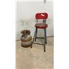 Image 1 : Vintage Industrial Red Metal Shop Stool with Backrest and Rustic Metal Milk Can