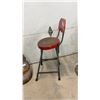 Image 2 : Vintage Industrial Red Metal Shop Stool with Backrest and Rustic Metal Milk Can