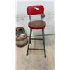 Image 4 : Vintage Industrial Red Metal Shop Stool with Backrest and Rustic Metal Milk Can
