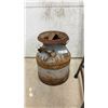 Image 5 : Vintage Industrial Red Metal Shop Stool with Backrest and Rustic Metal Milk Can