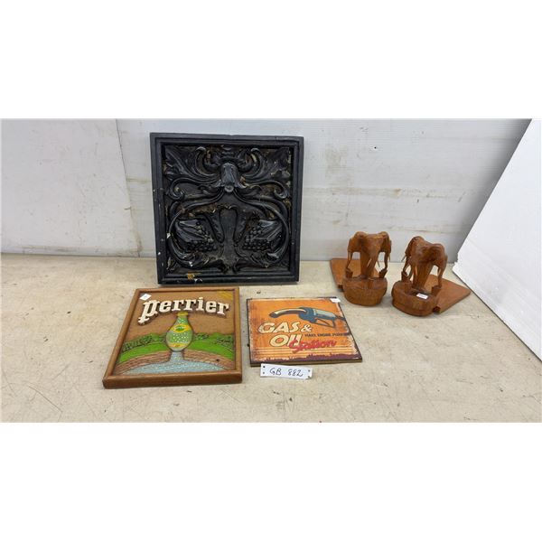Perrier Wood Sign, Gas and Oil Station Retro Sign, Ornate Relief Plaque, 16 × 16” and Carved