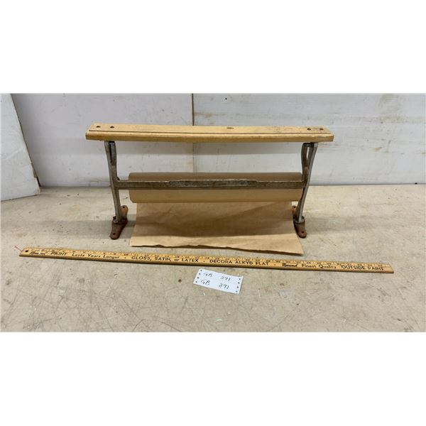 Vintage Industrial Cast Iron and Wood Kraft Paper Roll Dispenser and Advertising Yard Stick