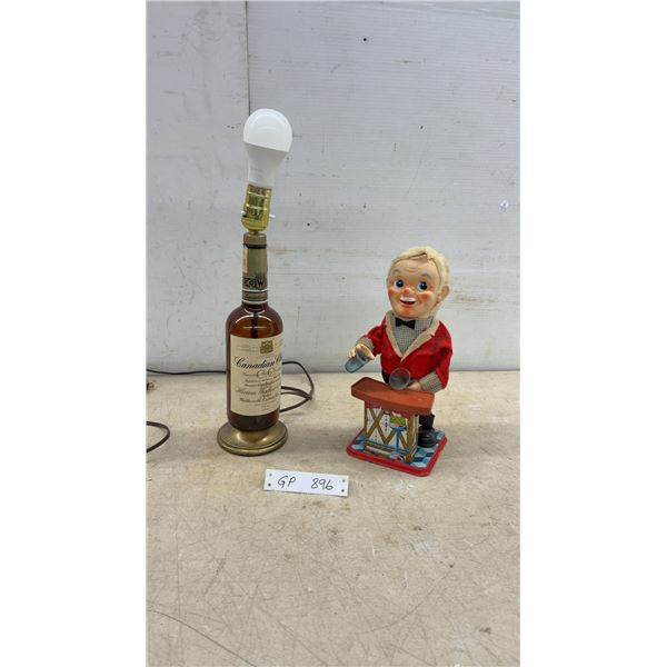 Vintage Japanese Tin Bartender Toy and Canadian Club Whisky Bottle Lamp