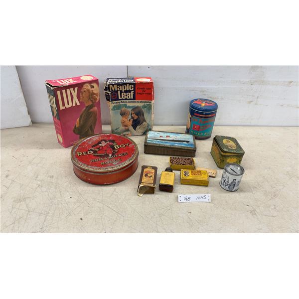 Vintage Advertising Tins and Boxes: Lux, Maple Leaf, Red Boy, Cunard Line R.M.S. Queen Elizabeth