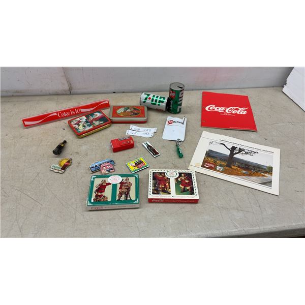 Coca-Cola Collectibles Including Nostalgia Playing Cards, 7UP Cans, Coke Is It Sign, Tins