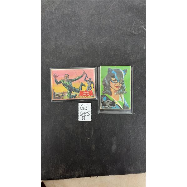 Cat woman 1966 Batman Topps #27 Sinister Smile and A Batman 1966 Topps Landing A Bug One 11A