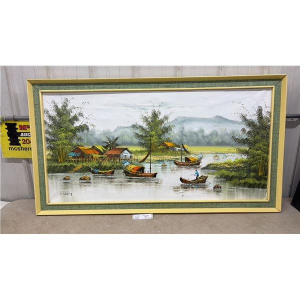 Beautiful Asian Original Oil Painting 28.5 × 52.5, Signed