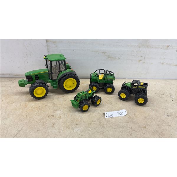 Four John Deere Plastic Toys, Tractor, Monster Treads Gator XUV
