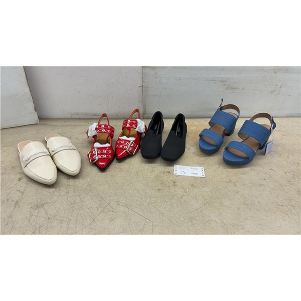 Four New Pairs Shoes, Arezzo Cream Loafer Mules, Red Buckle Heels, Black Slip-Ons, and Denim