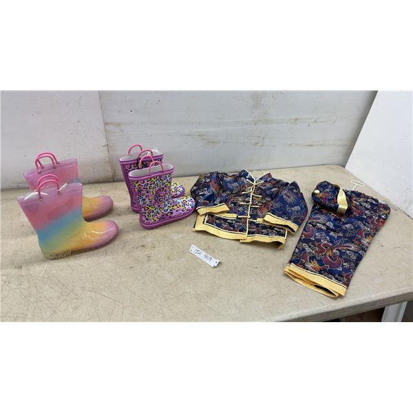 2 Pair New Children's Rain Boots and Traditional Chinese Dragon-Print Jacket, Pants, and Cap Set