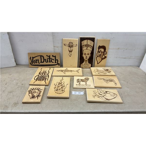 Collection of 11 Pyrography Wood Art Plaques Featuring Von Dutch, Nefertiti, Shark and More