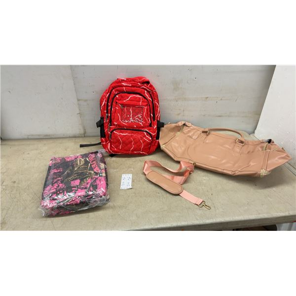 New Red Lightning Bolt Quilted Backpack with Accessories, Peach Faux Leather Duffel Bag