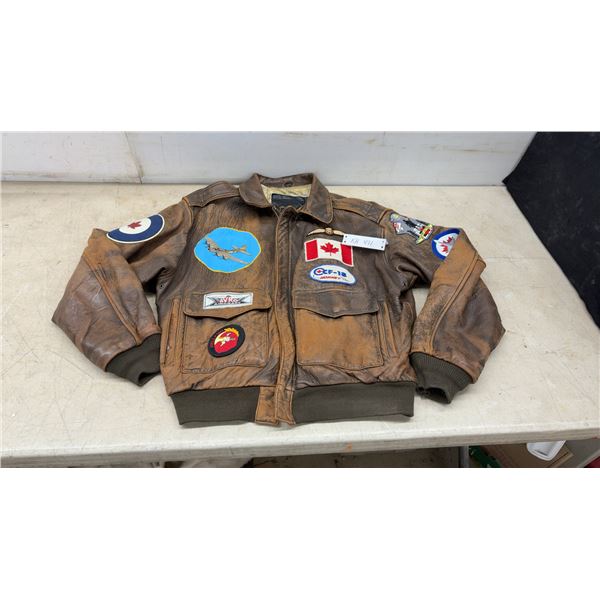 Hand-Painted Winnipeg Jets Themed Leather Bomber Flight Jacket, Size Large