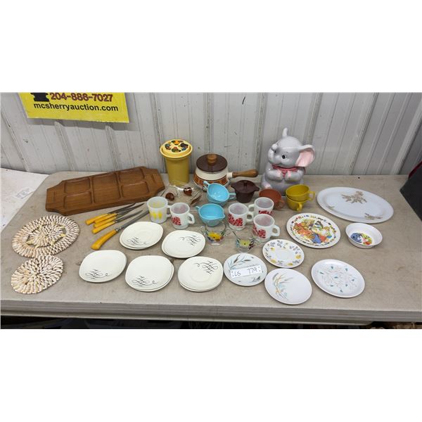 Vintage Ceramic Elephant Cookie Jar, Wood Serving Tray, Milk Glass Mugs and Platter, Shell Pot