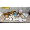 Image 1 : Vintage Ceramic Elephant Cookie Jar, Wood Serving Tray, Milk Glass Mugs and Platter, Shell Pot