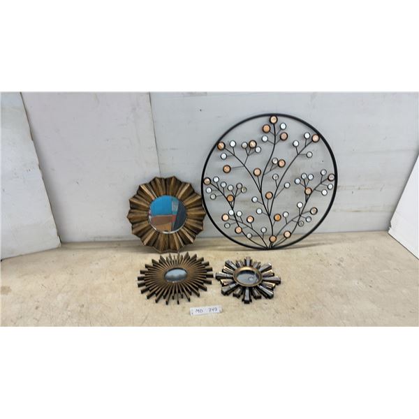 Round Metal Tree Wall Decor With Shell Accents, 23” Diameter and Three Sunburst Mirrors, Bronze