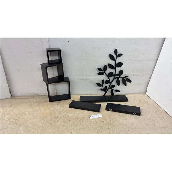 Wall Décor Set: Cube Shelves, Floating Shelves, Largest 20 × 4” and Leafy Branch Wall Art, 21” High