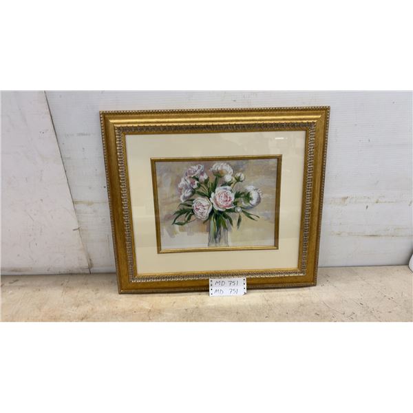 Framed Floral Still Life Peonies in Glass Vase Artwork with Ornate Gold-Tone Frame, 20 × 23”