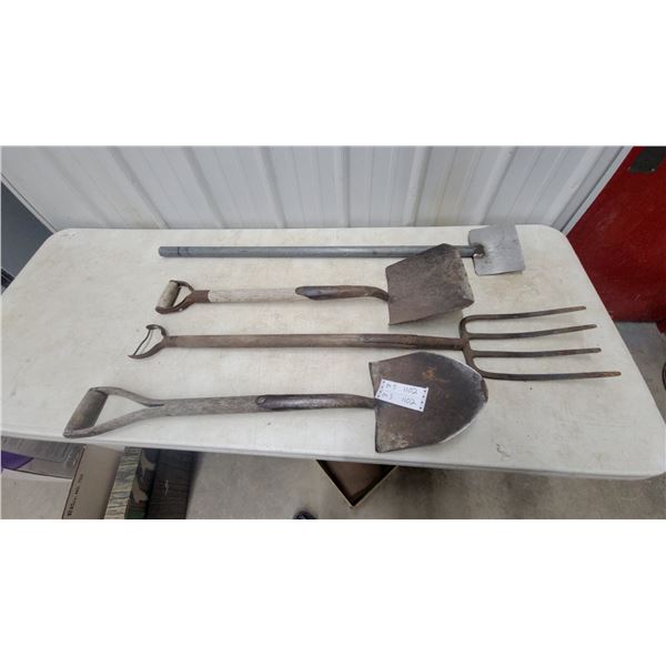 Vintage Garden Tool Lot: Tamper, Square Shovel, 4-Tine Digging Fork, and Round Shovel