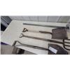 Image 4 : Vintage Garden Tool Lot: Tamper, Square Shovel, 4-Tine Digging Fork, and Round Shovel