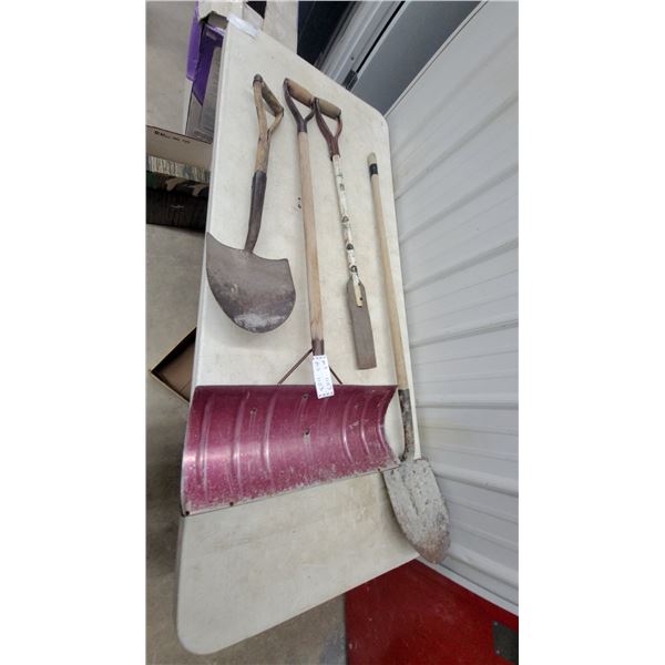 Vintage Garden Tool Lot: D-Handle Shovels, Long-Handle Spade, Spud Bar, and Red Snow Scoop