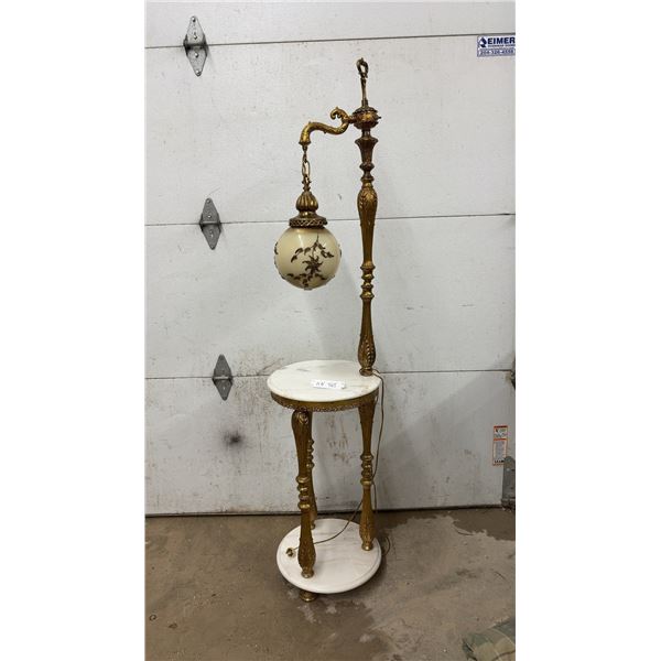 Ornate Rococo Revival Floor Lamp with Marble Top Side Table and Floral Glass Globe Shade, 67” High