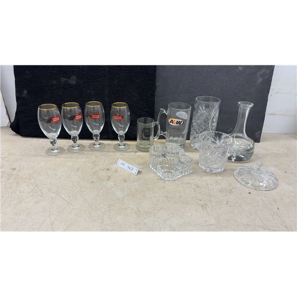 Four Stella Artois Gold-Rimmed Stemmed Beer Goblets, Crystal Decanter, Candle Holder, Mugs