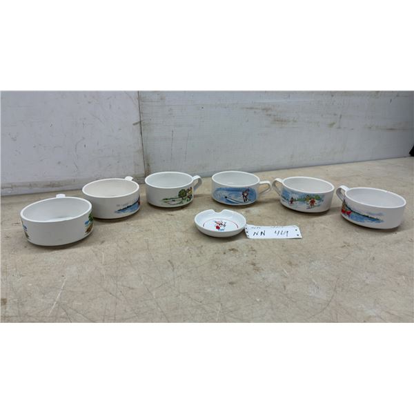 Six Campbell's Soup Ceramic Bowls with Outdoor Recreation Scenes and Chef Spoon Rest