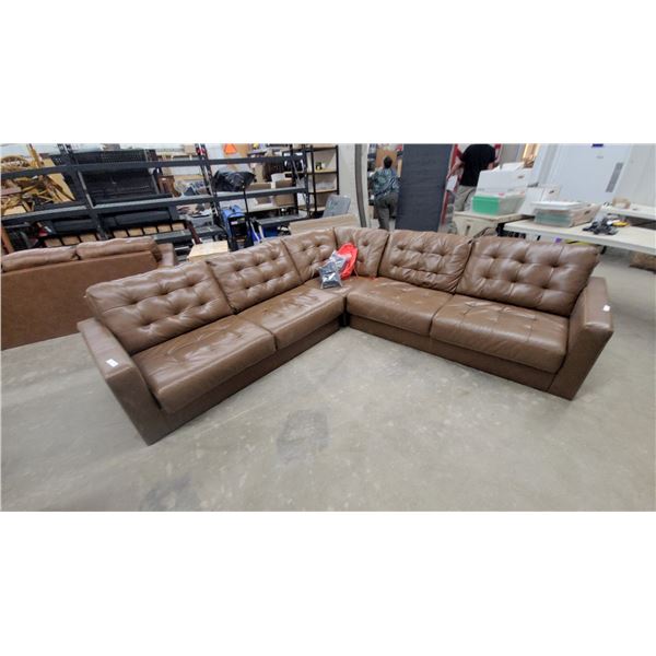 Brown Tufted Faux Leather Sectional Sofa, 3-Piece, 103”×103”