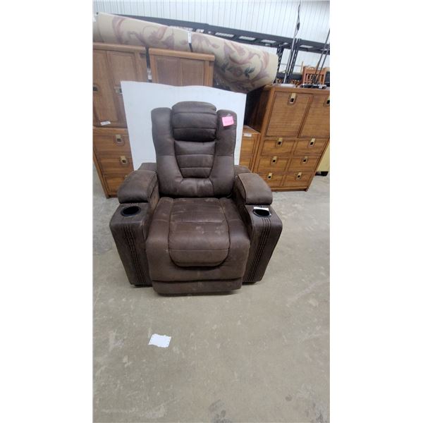 Brown Upholstered Recliner with Cupholders and Power Controls