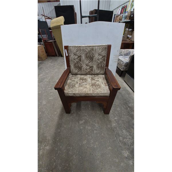 Wood Armchair with Tropical Leaf Pattern Cushions