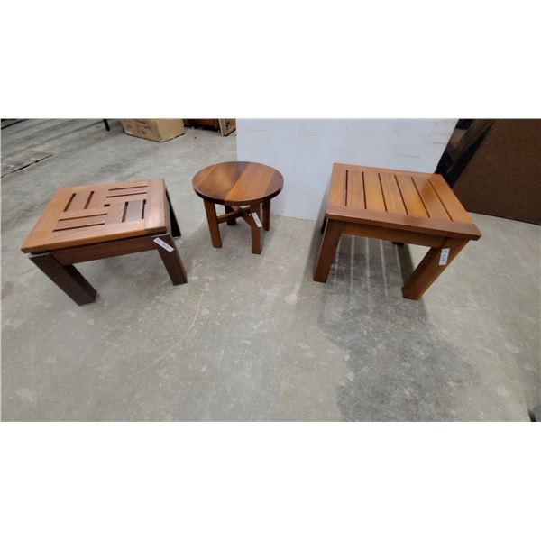 Set of Three Wooden Side Tables, Geometric Slatted, Round Solid Top, and Parallel Slatted biggest