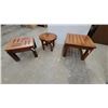 Image 1 : Set of Three Wooden Side Tables, Geometric Slatted, Round Solid Top, and Parallel Slatted biggest
