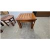 Image 2 : Set of Three Wooden Side Tables, Geometric Slatted, Round Solid Top, and Parallel Slatted biggest