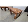 Image 3 : Set of Three Wooden Side Tables, Geometric Slatted, Round Solid Top, and Parallel Slatted biggest