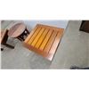 Image 4 : Set of Three Wooden Side Tables, Geometric Slatted, Round Solid Top, and Parallel Slatted biggest
