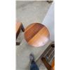 Image 7 : Set of Three Wooden Side Tables, Geometric Slatted, Round Solid Top, and Parallel Slatted biggest